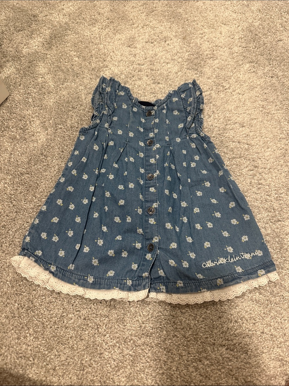 Calvin Klein Jeans Blue Denim Floral Baby Dress with Lace Trim